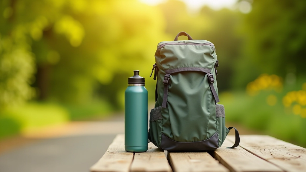 Backpack with water bottle and energy snacks laid out on sunny picnic table