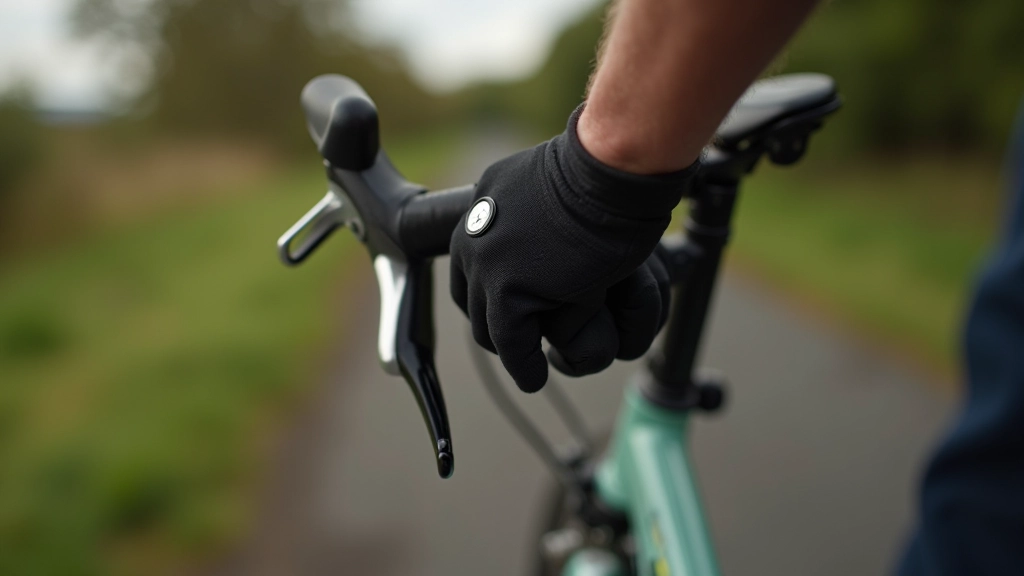 Bicycle rim brakes being inspected with finger showing brake pad alignment and wear