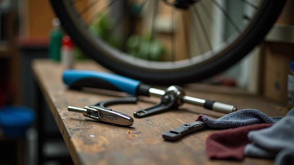 Bicycle maintenance station with repair tools, pump, and cleaning supplies on workbench
