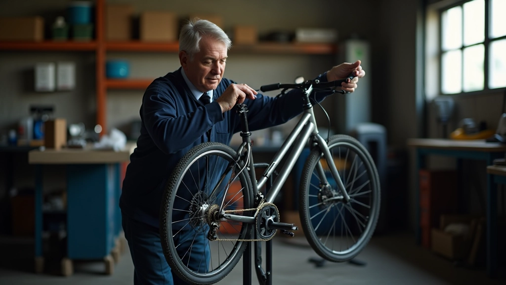 Bicycle maintenance with tools on workbench in bright garage