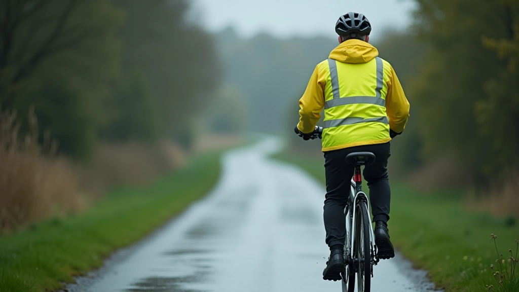 Cyclist riding on wet greenway path during light rain with reflective gear and lights