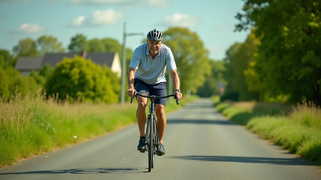 Person riding bicycle on flat, tree-lined greenway path with clear blue sky
