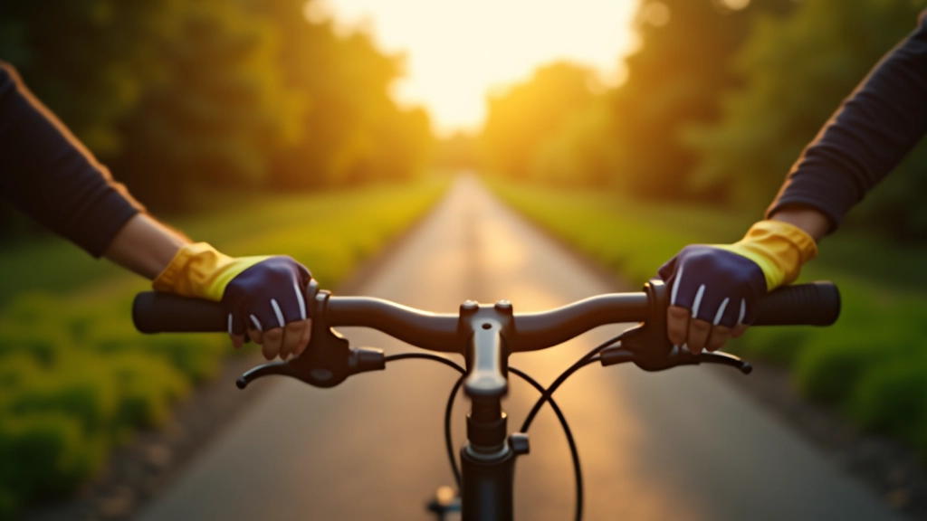 Person holding bicycle handlebar with greenway path stretching ahead into distance