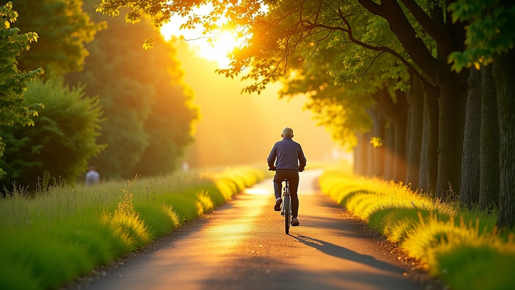 Peaceful greenway during golden hour with cyclists in distance enjoying scenic ride