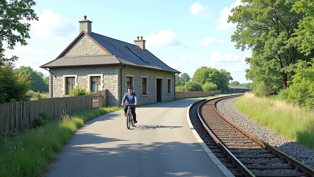 Historic stone railway station building with brick archway entrance, paved forecourt area, and bicycle parking racks visible