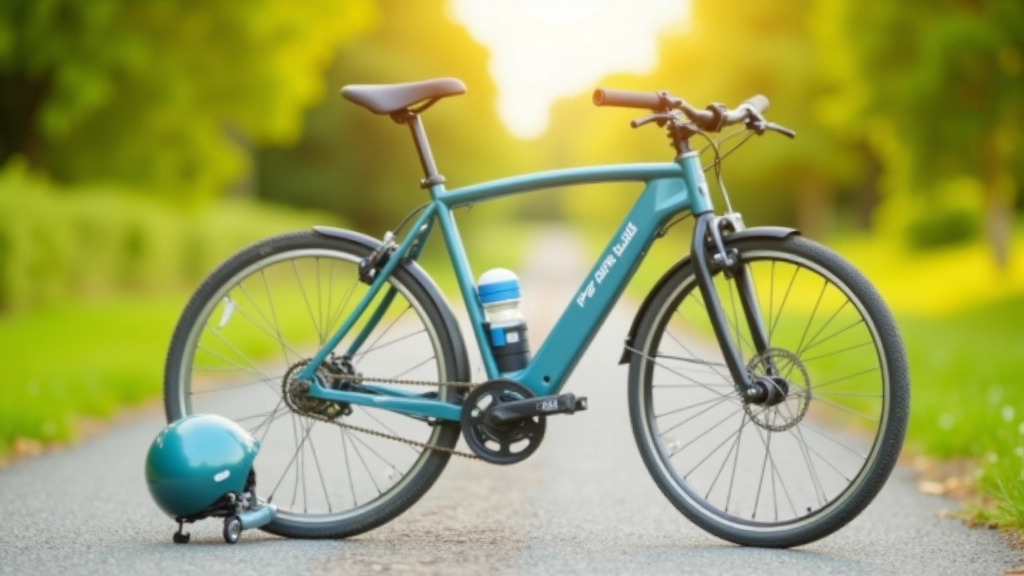 Close-up of bicycle on greenway with helmet and water bottle visible