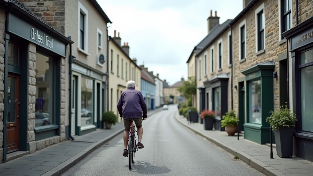 Traditional Irish village street with stone cottages and colorful shop fronts, street-level perspective with parked bicycles