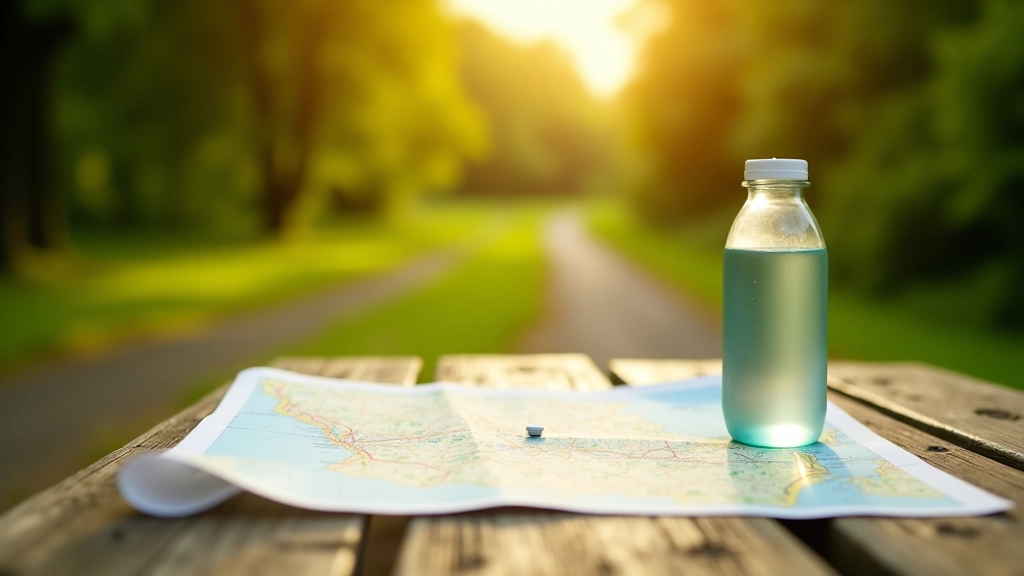 Cyclist reading trail map at rest area with water bottle and snacks on bench