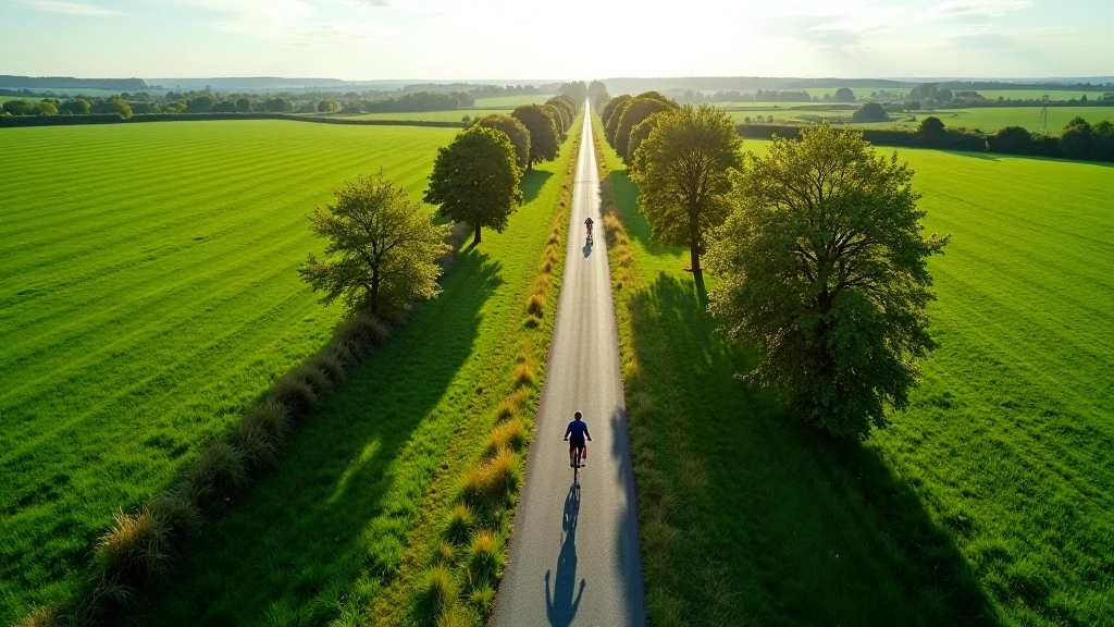 Aerial view of the flat cycling greenway trail through Irish countryside