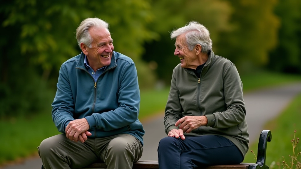 Two cyclists resting on trail bench, upper body visible, smiling and chatting