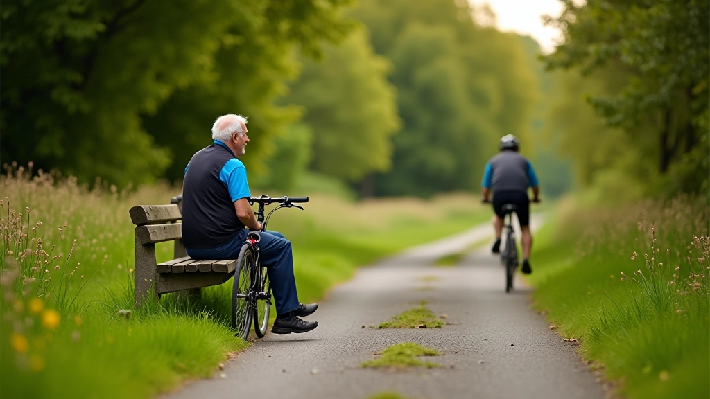 Two people on bicycles resting on a bench beside the greenway path, enjoying a peaceful moment