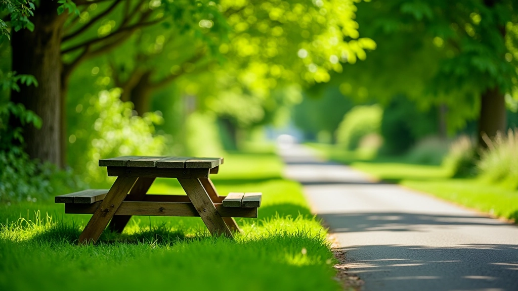 Wooden picnic table and bench seating area situated on the grassy verge of the greenway, with mature trees providing natural shade overhead